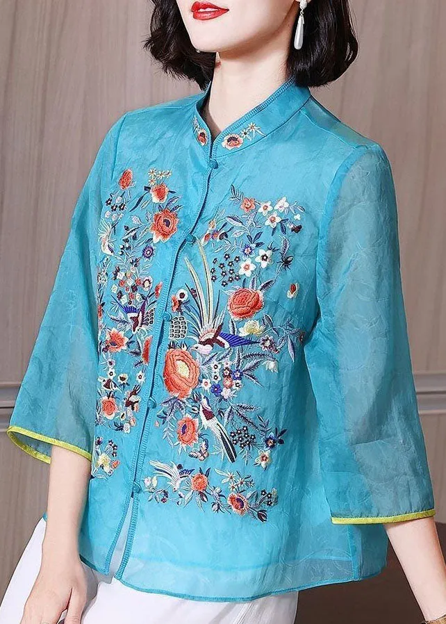 Chinese Style Blue Embroideried Patchwork Chiffon Blouse Tops Summer TP1042