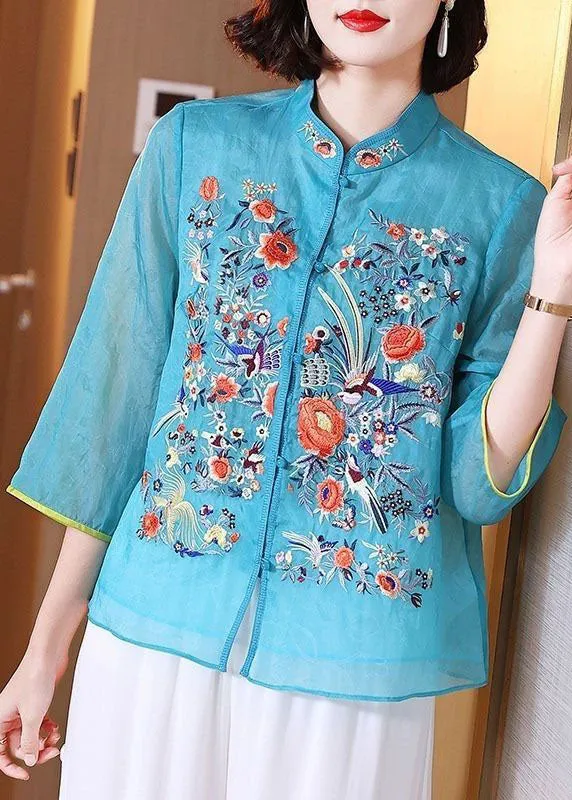 Chinese Style Blue Embroideried Patchwork Chiffon Blouse Tops Summer TP1042