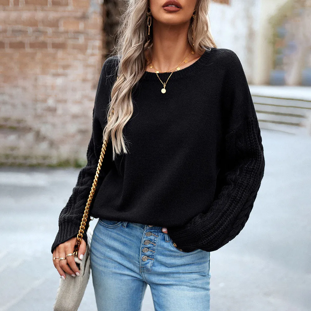 Cozy Round Neck Drop Shoulder Long Sleeve Fisherman Cable Knit Pullover Sweater