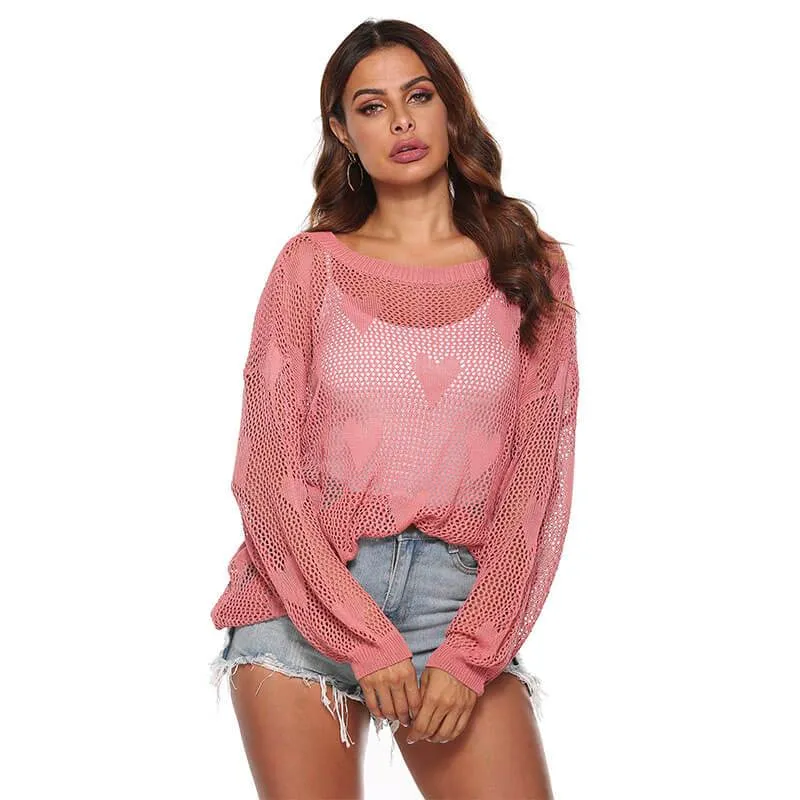 Crewneck Hollow Out Sheer Hearts Sweater