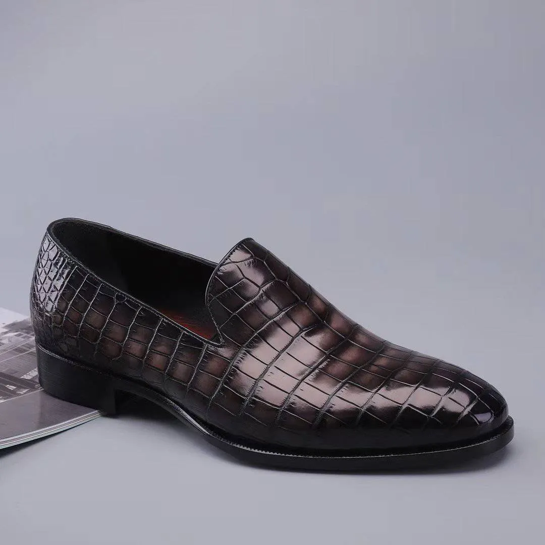 Crocodile Shoes Men's Slip On Loafer Shoes, Genuine Crocodile Leather Casual Dress Shoes Vintage Grey