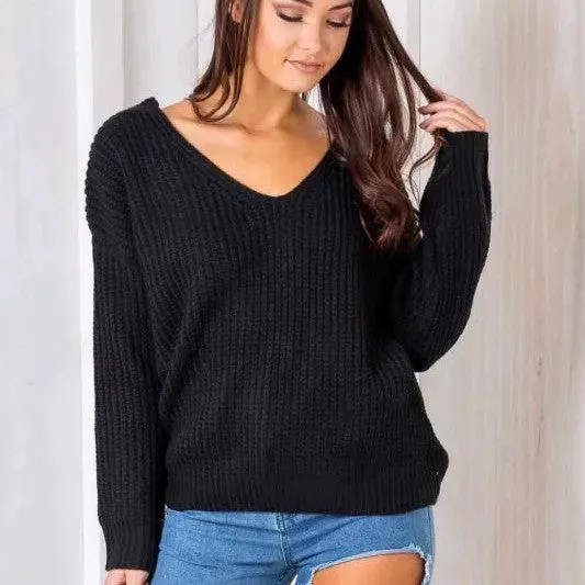 Deep V-neck Pure Color Back Straps Cross Pullover Sweater