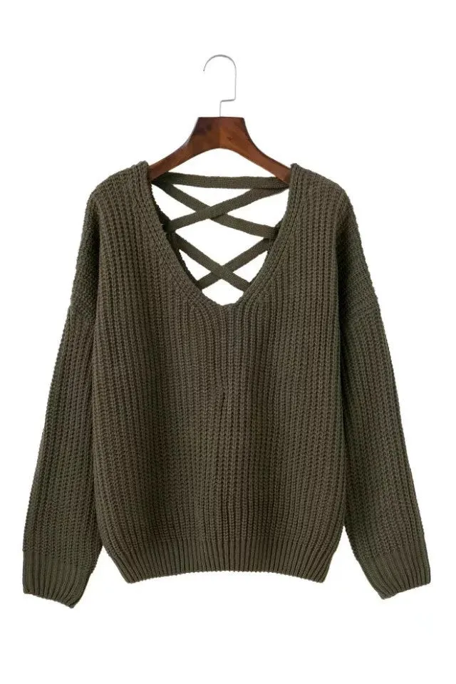 Deep V-neck Pure Color Back Straps Cross Pullover Sweater