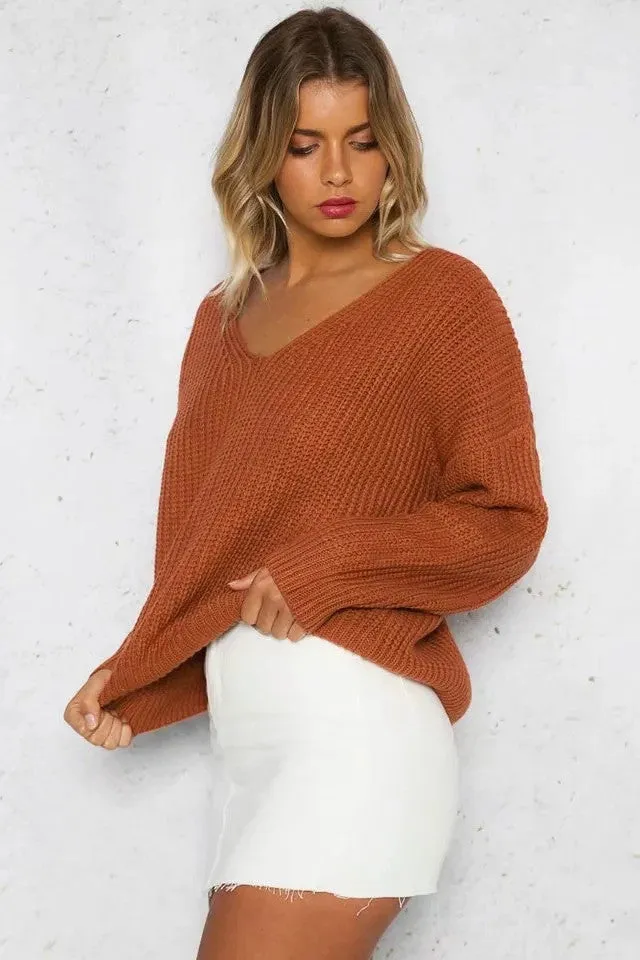 Deep V-neck Pure Color Back Straps Cross Pullover Sweater