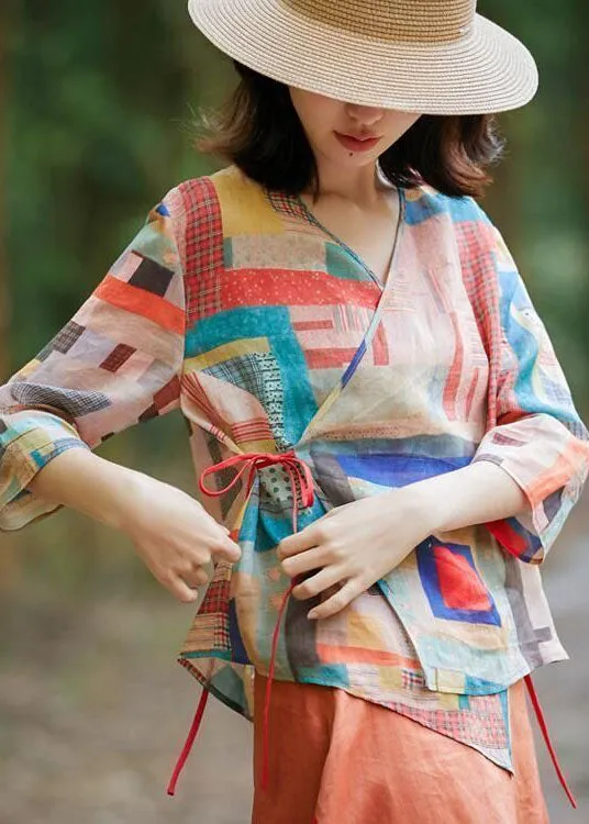 Elegant Colorblock tie waist asymmetrical design V Neck print Blouse Tops Spring