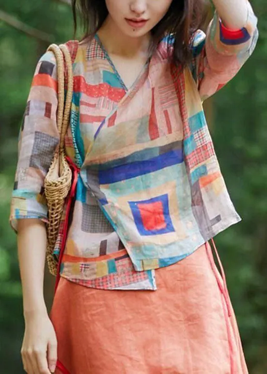 Elegant Colorblock tie waist asymmetrical design V Neck print Blouse Tops Spring