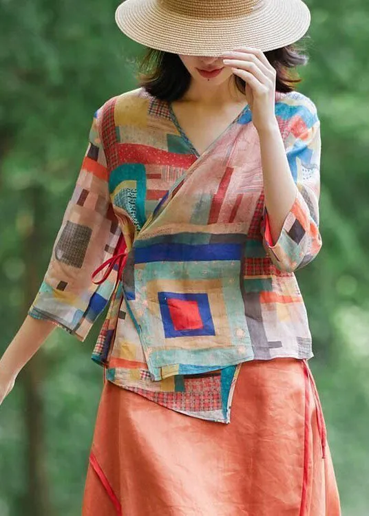 Elegant Colorblock tie waist asymmetrical design V Neck print Blouse Tops Spring