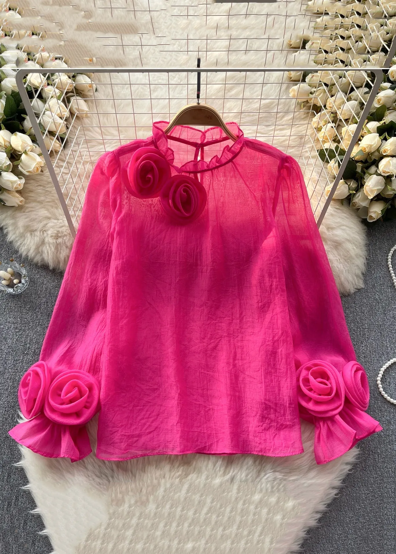 Elegant Rose Ruffled Solid Chiffon Tops Long Sleeve TR043