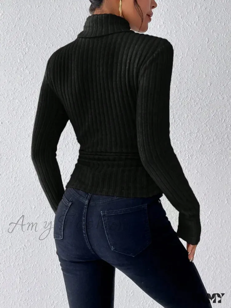 Elegant Solid Basic Knitted Tops Women Turtleneck Long Sleeve Casual Slim Sweater