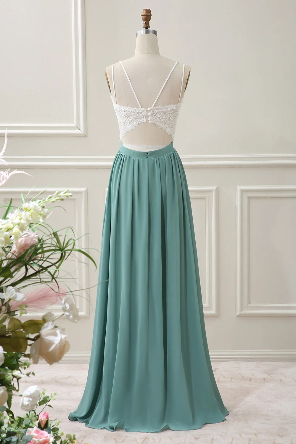 Eucalyptus Open Back Boho Chiffon Maxi Dress with Lace