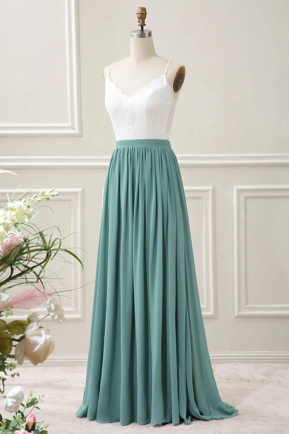 Eucalyptus Open Back Boho Chiffon Maxi Dress with Lace