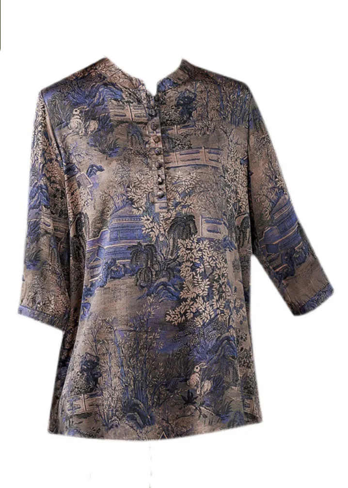 Fashion Blue Patchwork Print Button Silk Blouse Tops Summer LY0427