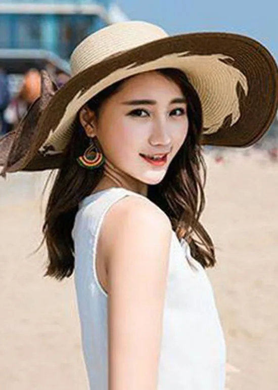 Fashion Coffee Bow Patchwork Straw Woven Beach Floppy Sun Hat