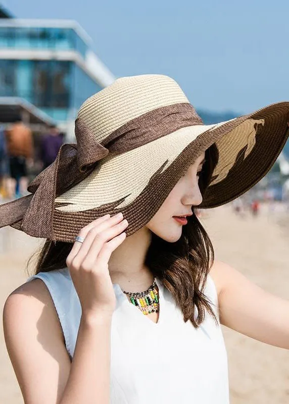 Fashion Coffee Bow Patchwork Straw Woven Beach Floppy Sun Hat