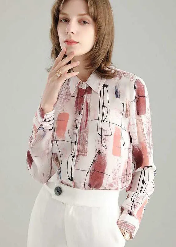 French Colorblock Peter Pan Collar Print Silk Shirt Tops Spring LY0370