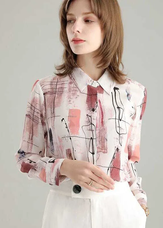 French Colorblock Peter Pan Collar Print Silk Shirt Tops Spring LY0370