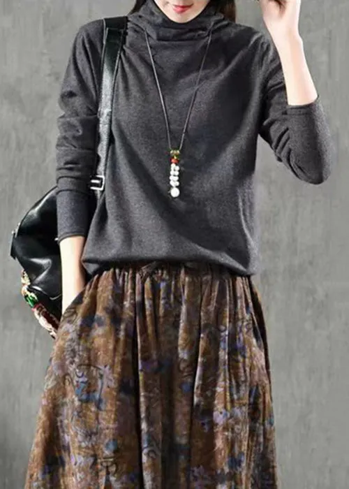 Grey Patchwork Loose Knitting Cotton Tops Turtleneck Fall ML1804