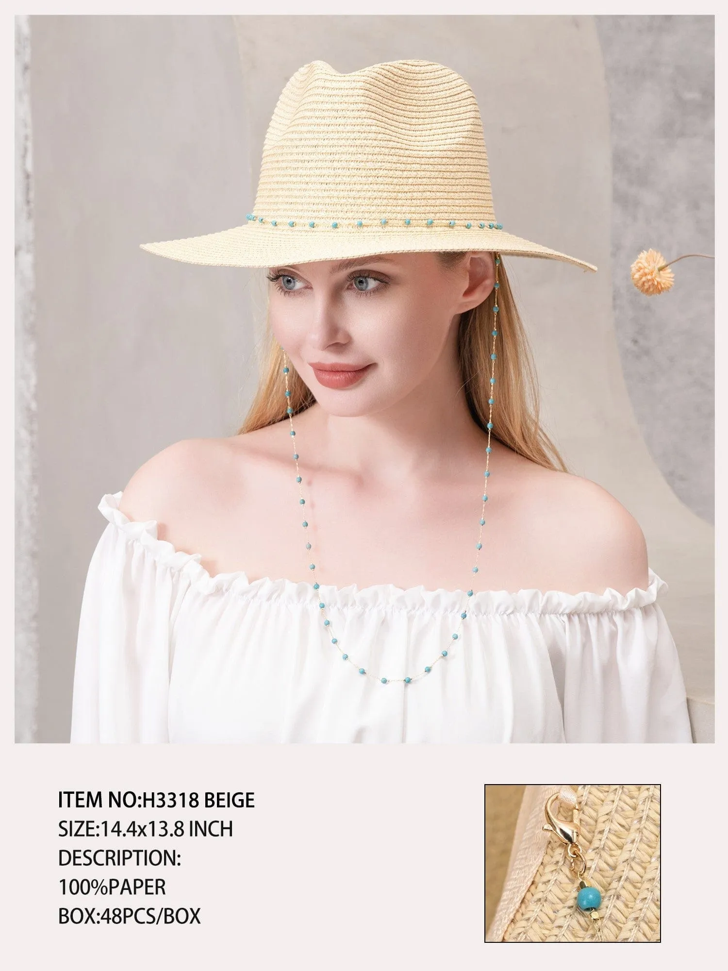 H3318 Turquoise Bead Chain Straw Panama Sun Hat