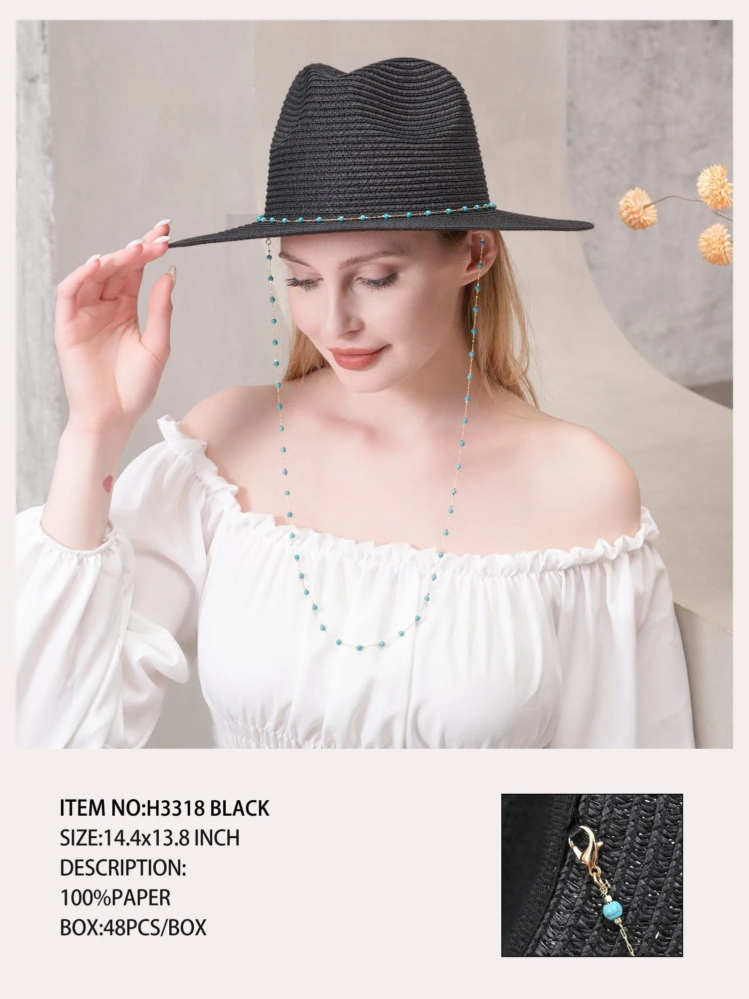 H3318 Turquoise Bead Chain Straw Panama Sun Hat