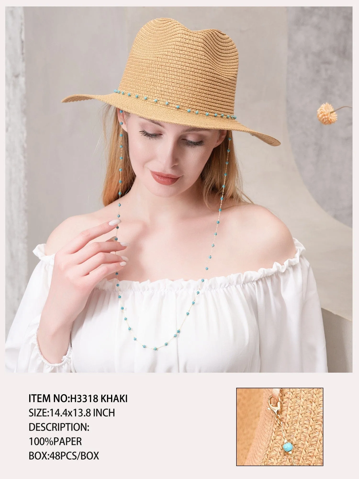 H3318 Turquoise Bead Chain Straw Panama Sun Hat