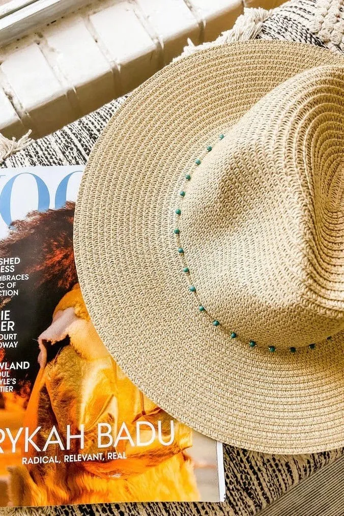 H3318 Turquoise Bead Chain Straw Panama Sun Hat