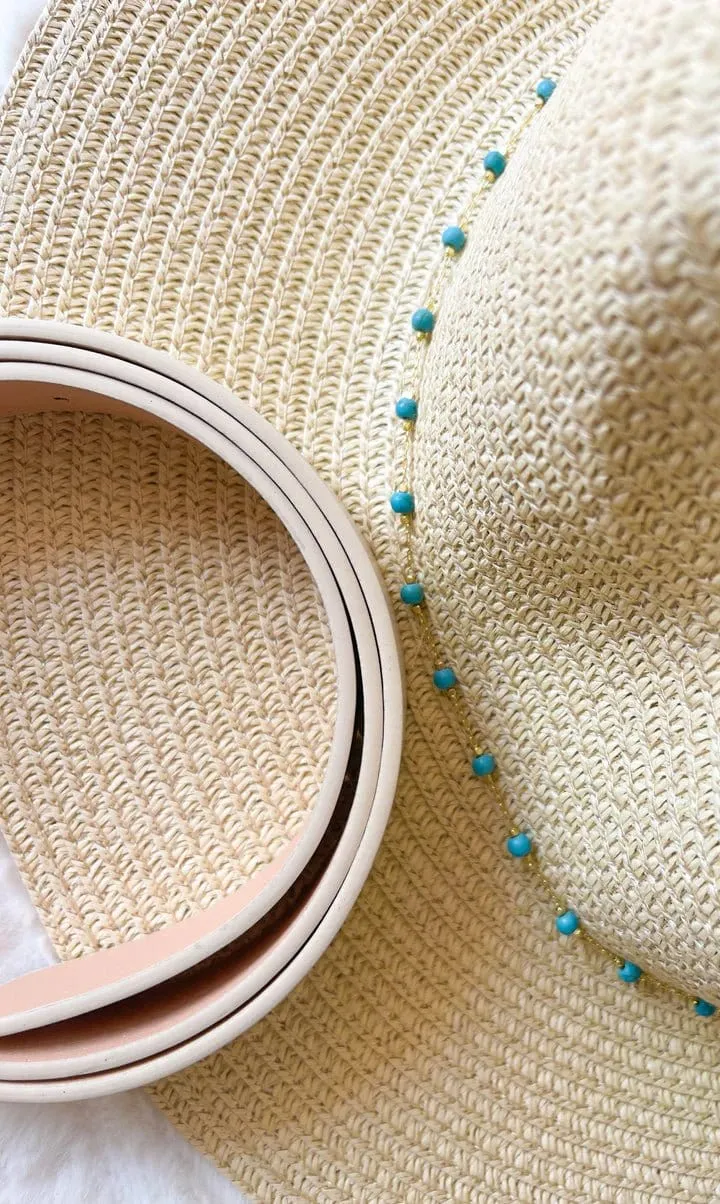 H3318 Turquoise Bead Chain Straw Panama Sun Hat