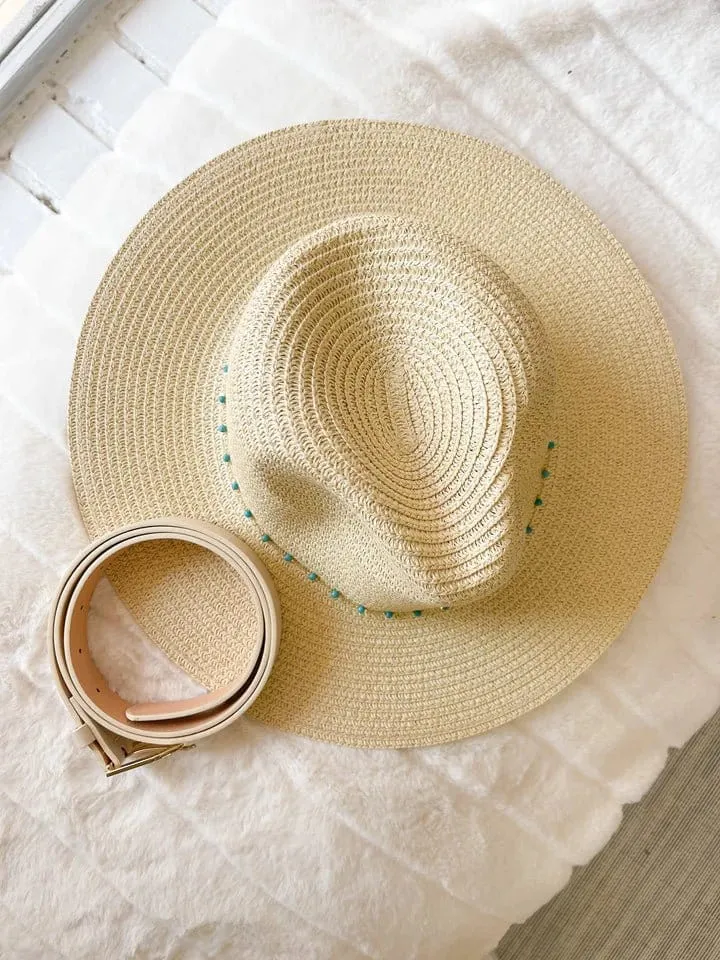 H3318 Turquoise Bead Chain Straw Panama Sun Hat