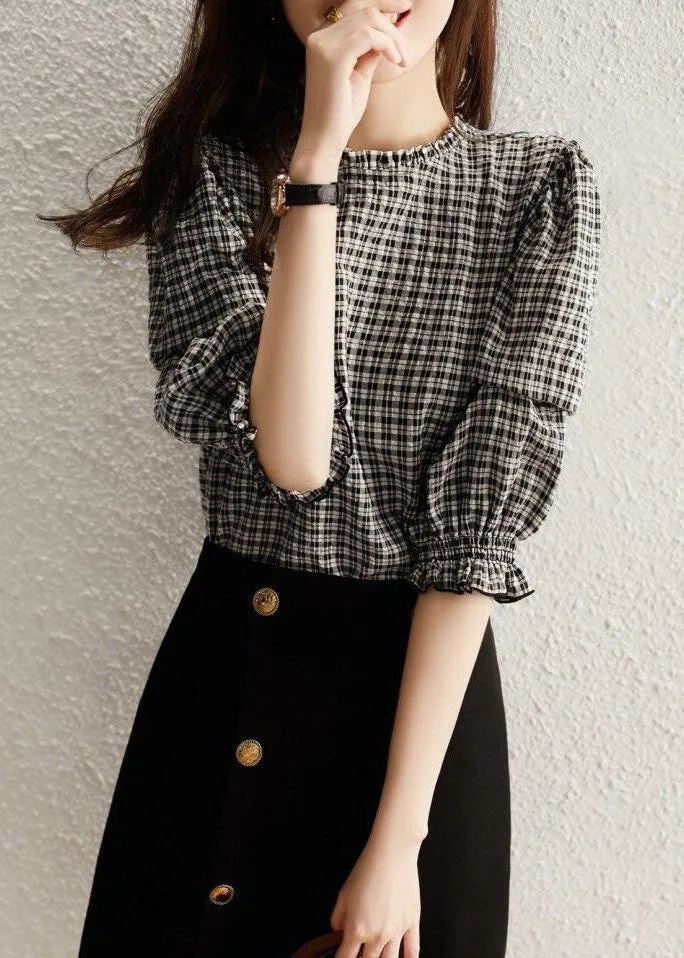 Handmade Black Plaid Ruffled Patchwork Cotton Tops Spring LY1401