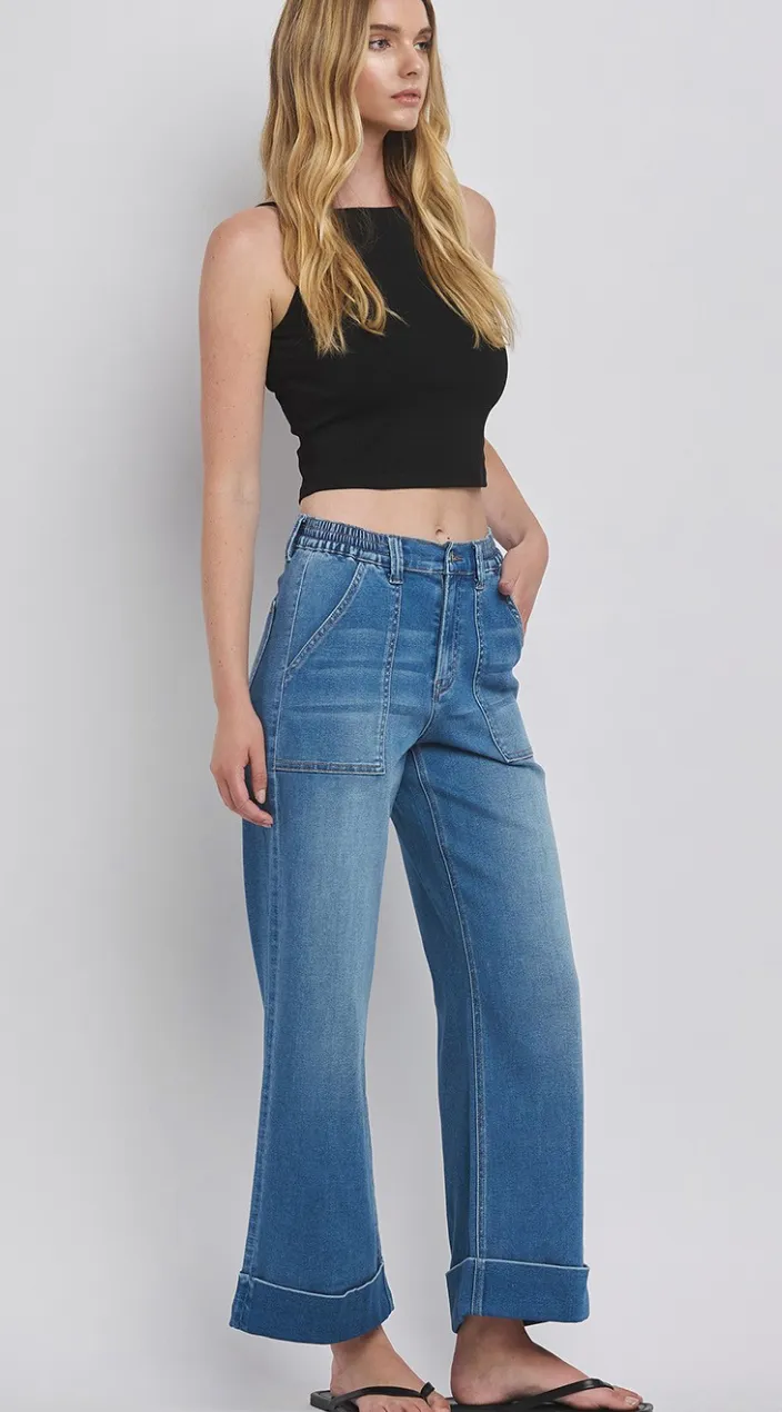 High Rise Double Cuffed Baggy Wide Jeans