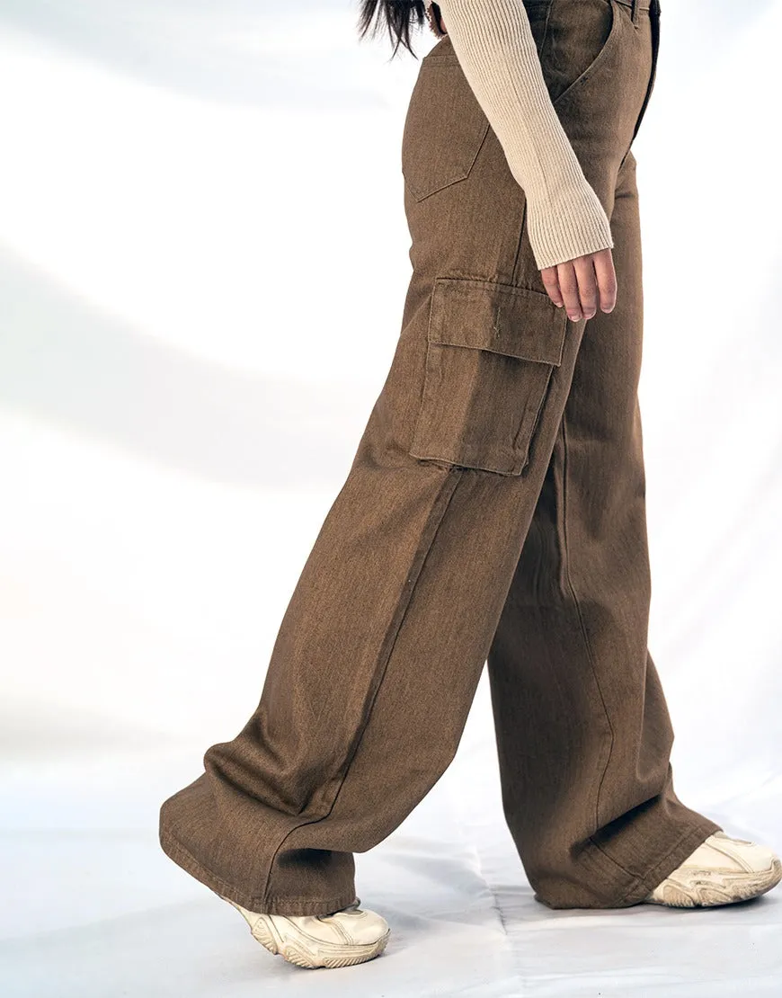 High Rise Wide Leg Cargo Jeans Brown