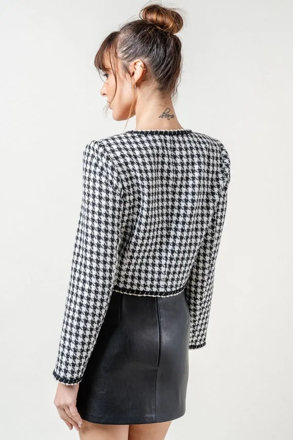 Houndstooth Tweed Collarless Blazer w/ Braid Trim