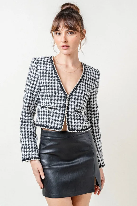 Houndstooth Tweed Collarless Blazer w/ Braid Trim