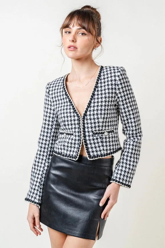 Houndstooth Tweed Collarless Blazer w/ Braid Trim