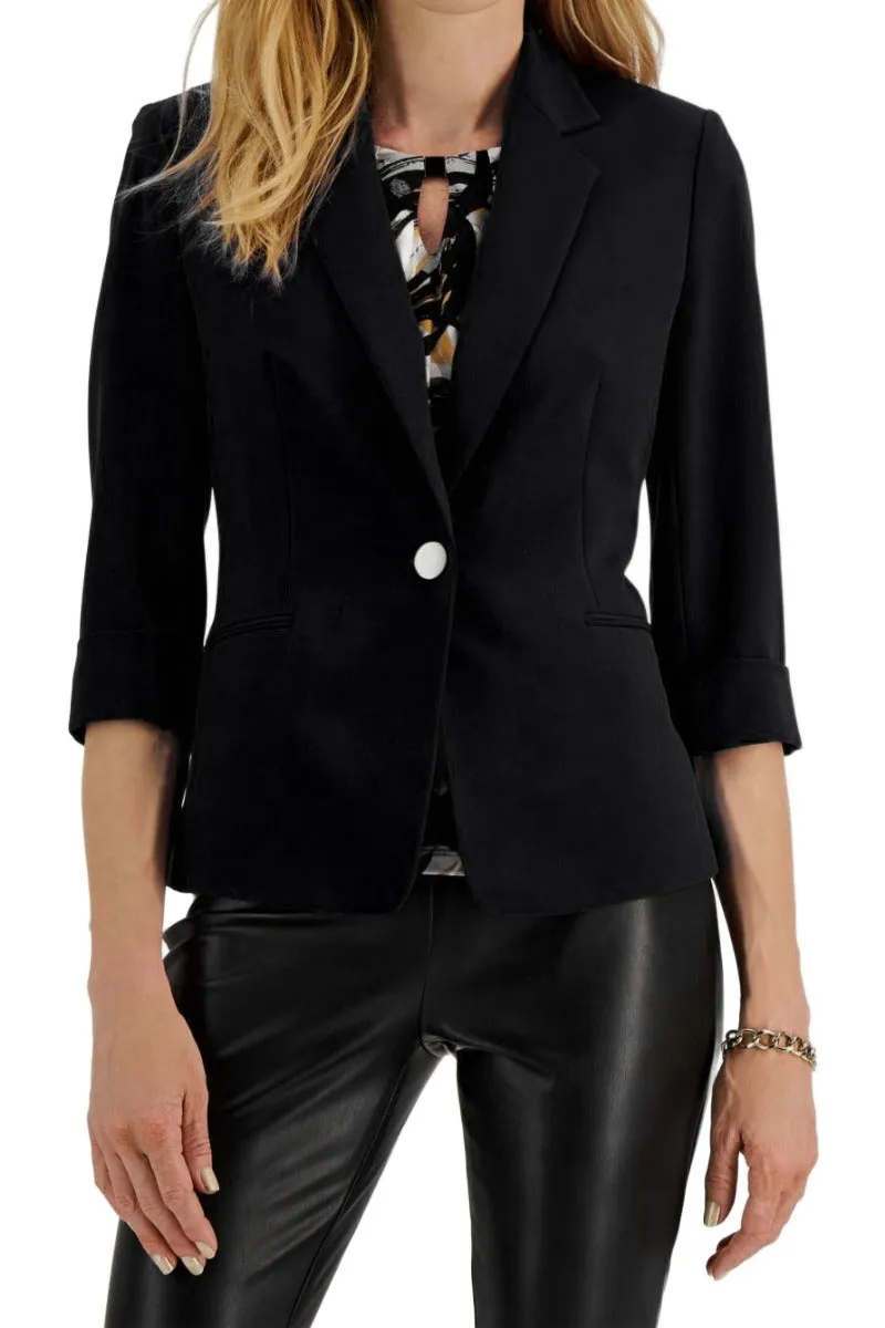 Kasper Notched Collar 3/4 Sleeve One Button Closure Shoulder Pads Welt Pockets Crepe Jacket