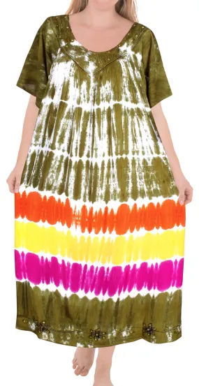 LA LEELA Casual DRESS Beach Cover up Rayon Tie Dye Aloha Beach Wear OSFM 12-16 [L-1X] Brown_Green