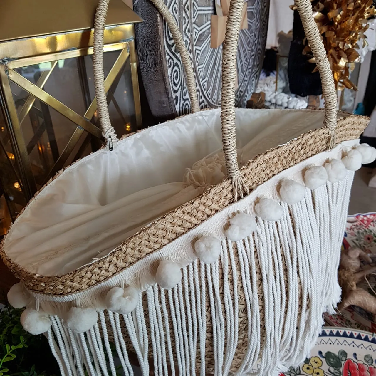 Large Natural Straw Grass Tote Bags With Pompoms & Long Fringe