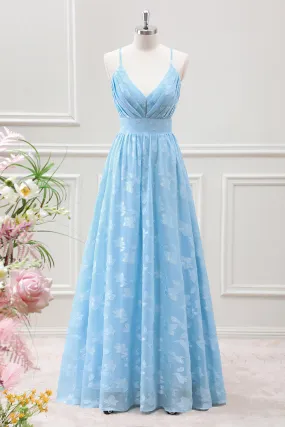 Light Blue A Line Pleated Maxi Dress with Butterfly Appliques