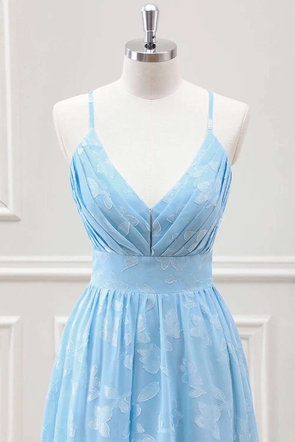 Light Blue A Line Pleated Maxi Dress with Butterfly Appliques