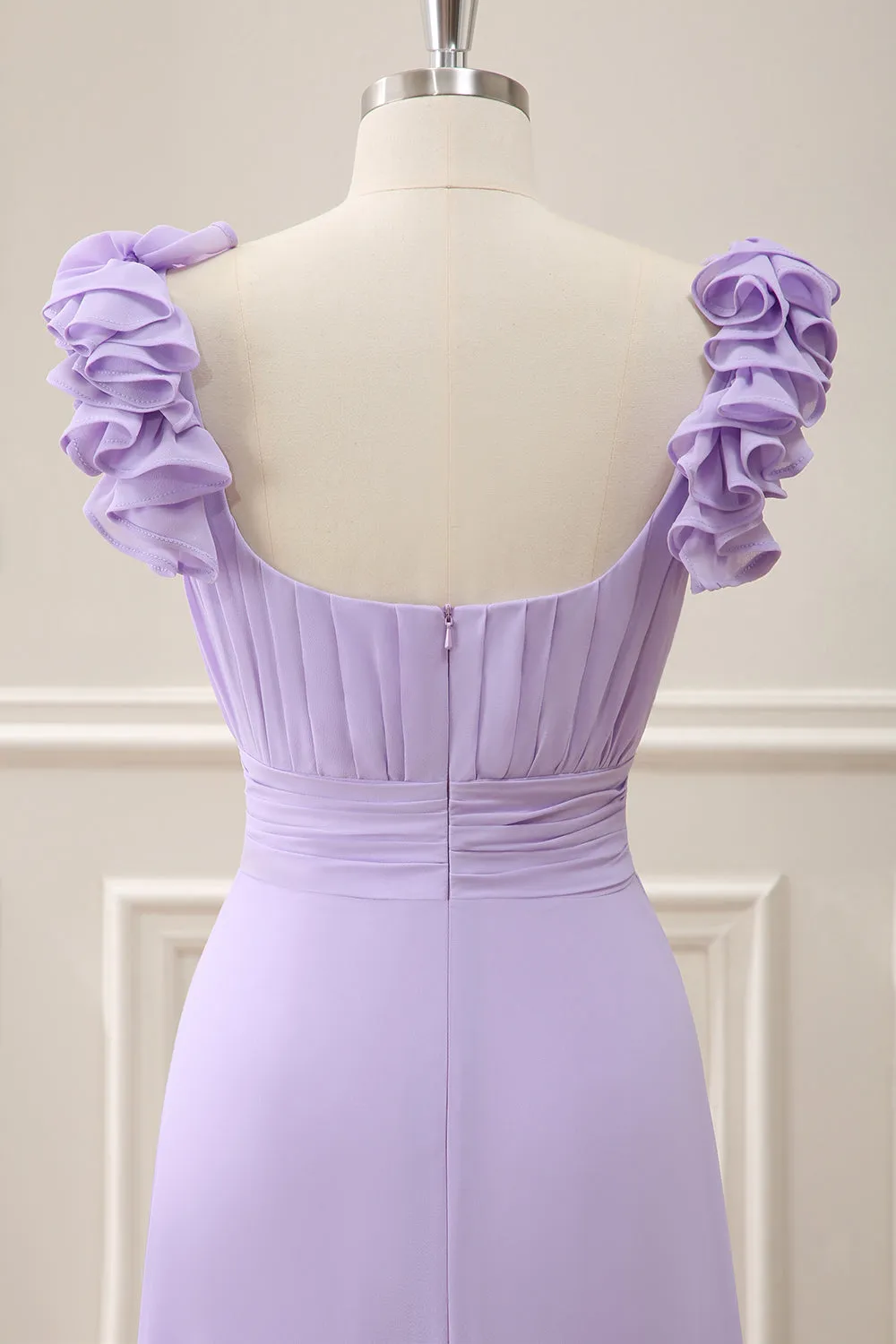 Lilac A Line Chiffon Ruched Maxi Dress with Ruffles