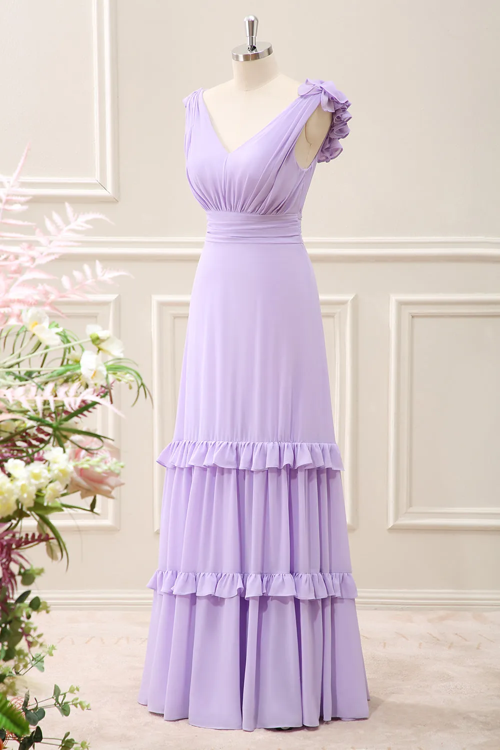 Lilac A Line Chiffon Ruched Maxi Dress with Ruffles