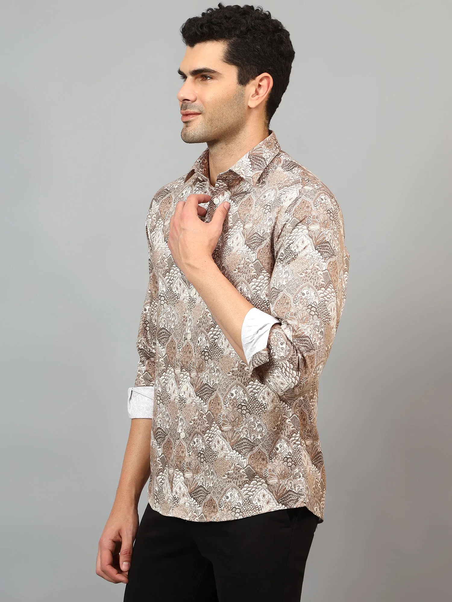 Men's Brown Party Abstract Print Full Sleeve Shirt