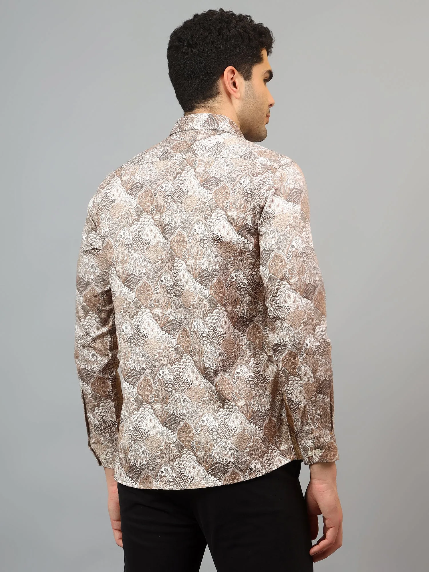 Men's Brown Party Abstract Print Full Sleeve Shirt