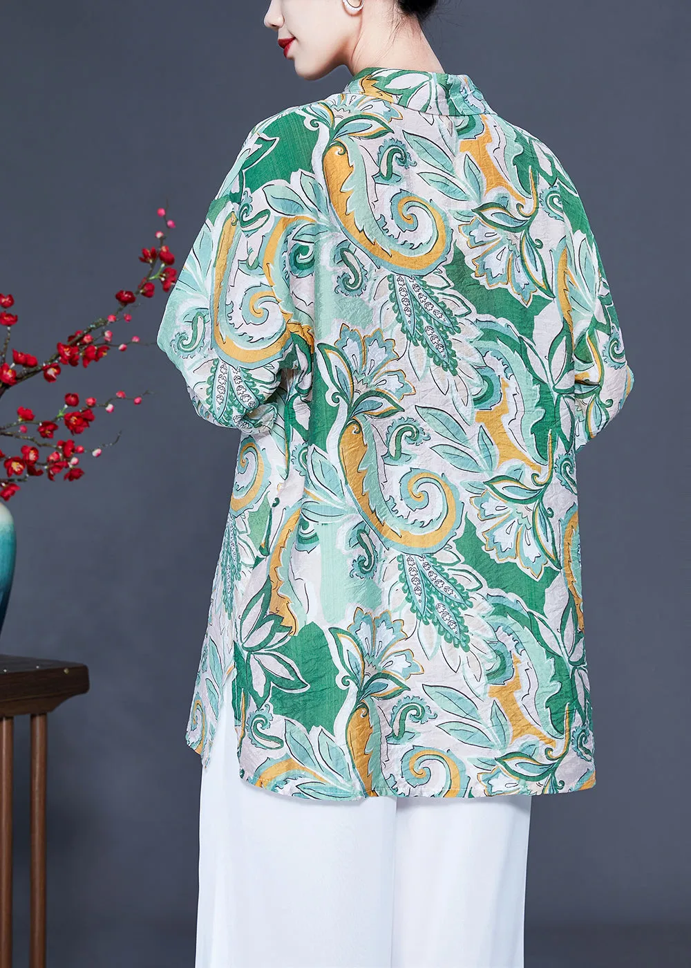 Modern Light Green Oversized Print Silk Shirt Tops Spring LY0924