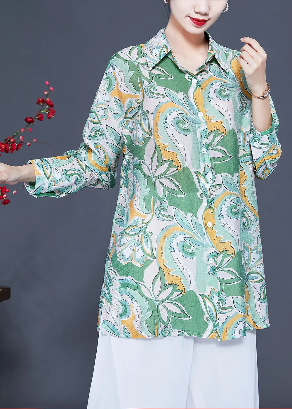 Modern Light Green Oversized Print Silk Shirt Tops Spring LY0924