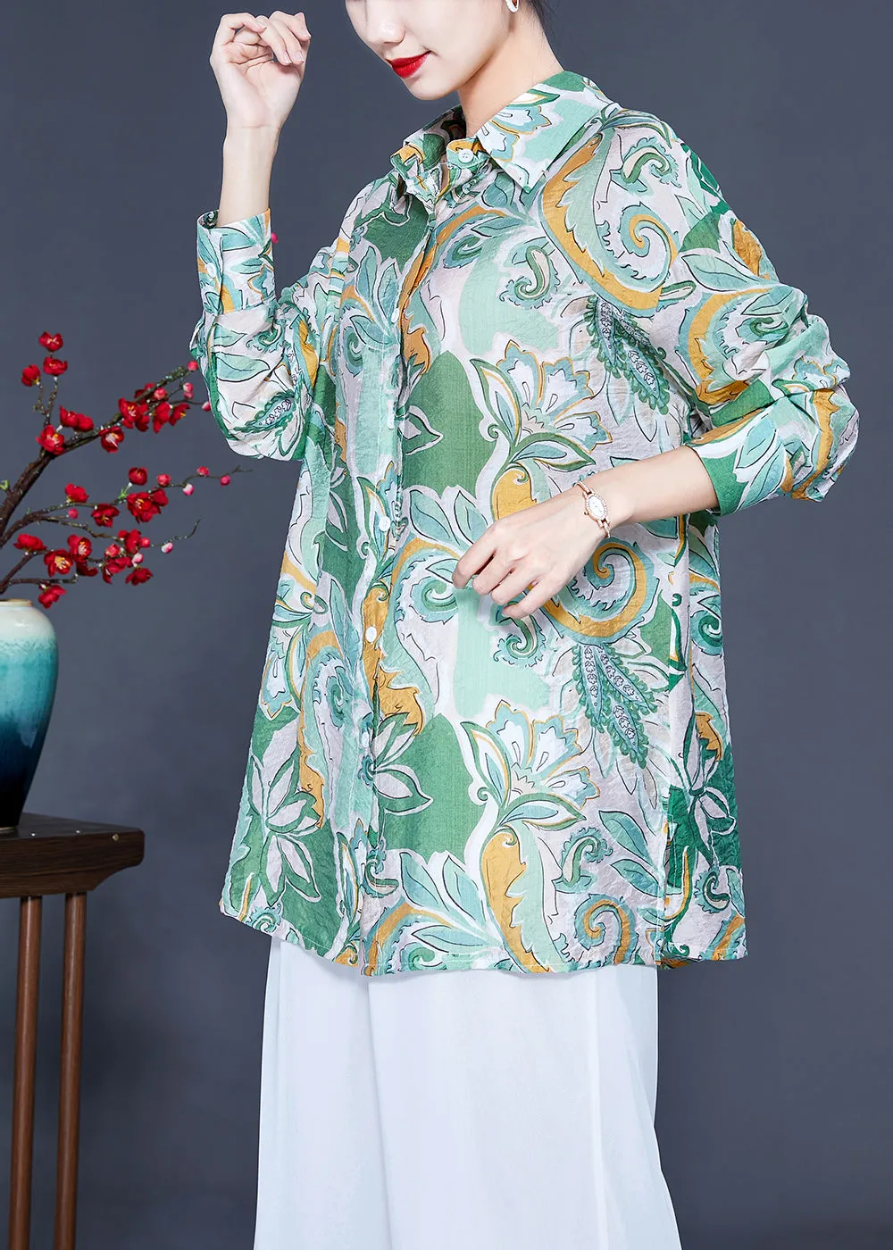 Modern Light Green Oversized Print Silk Shirt Tops Spring LY0924