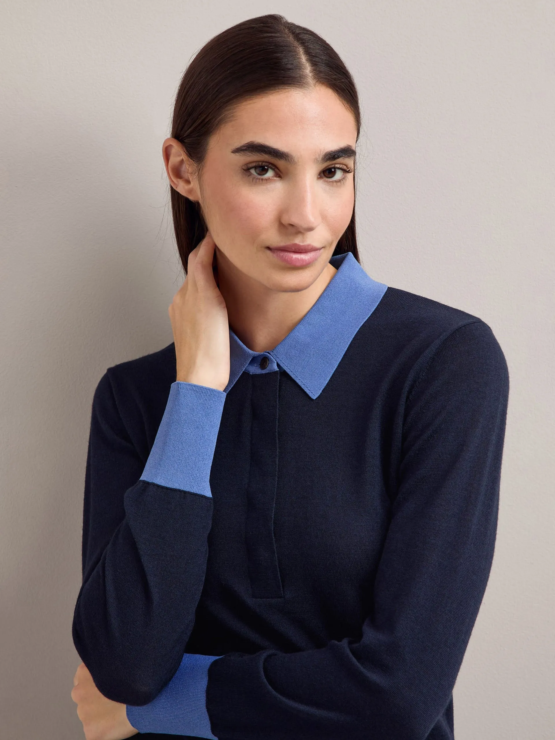 Navy blue colour block Josie silk blend jumper