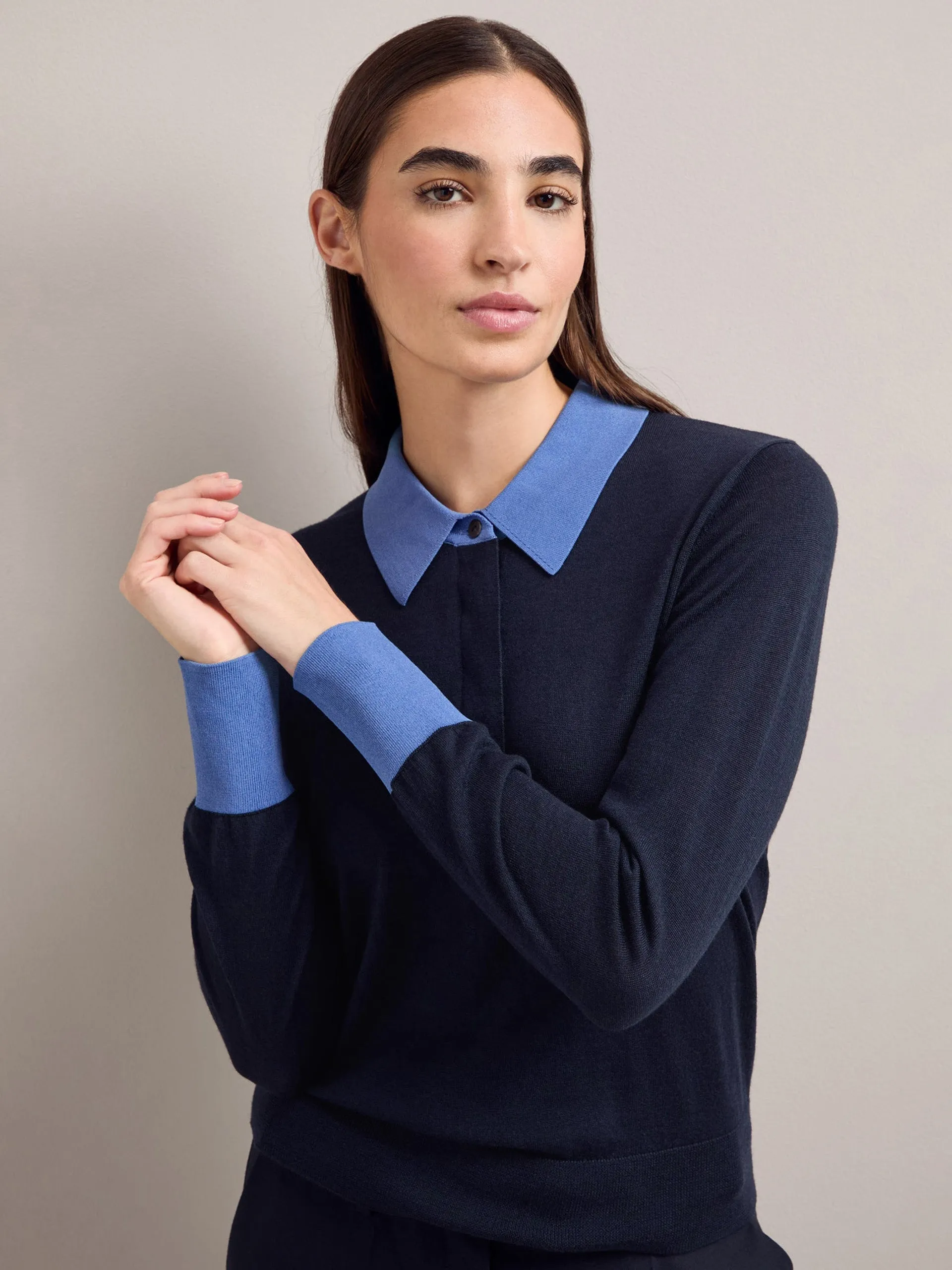 Navy blue colour block Josie silk blend jumper