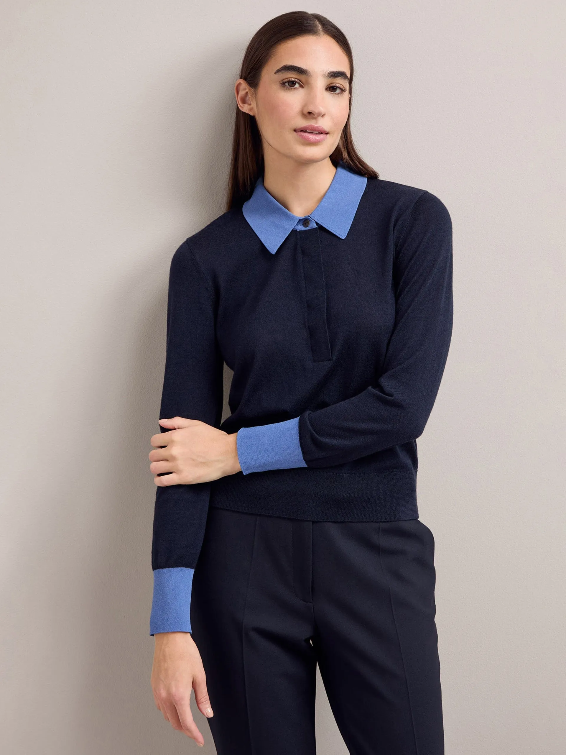 Navy blue colour block Josie silk blend jumper