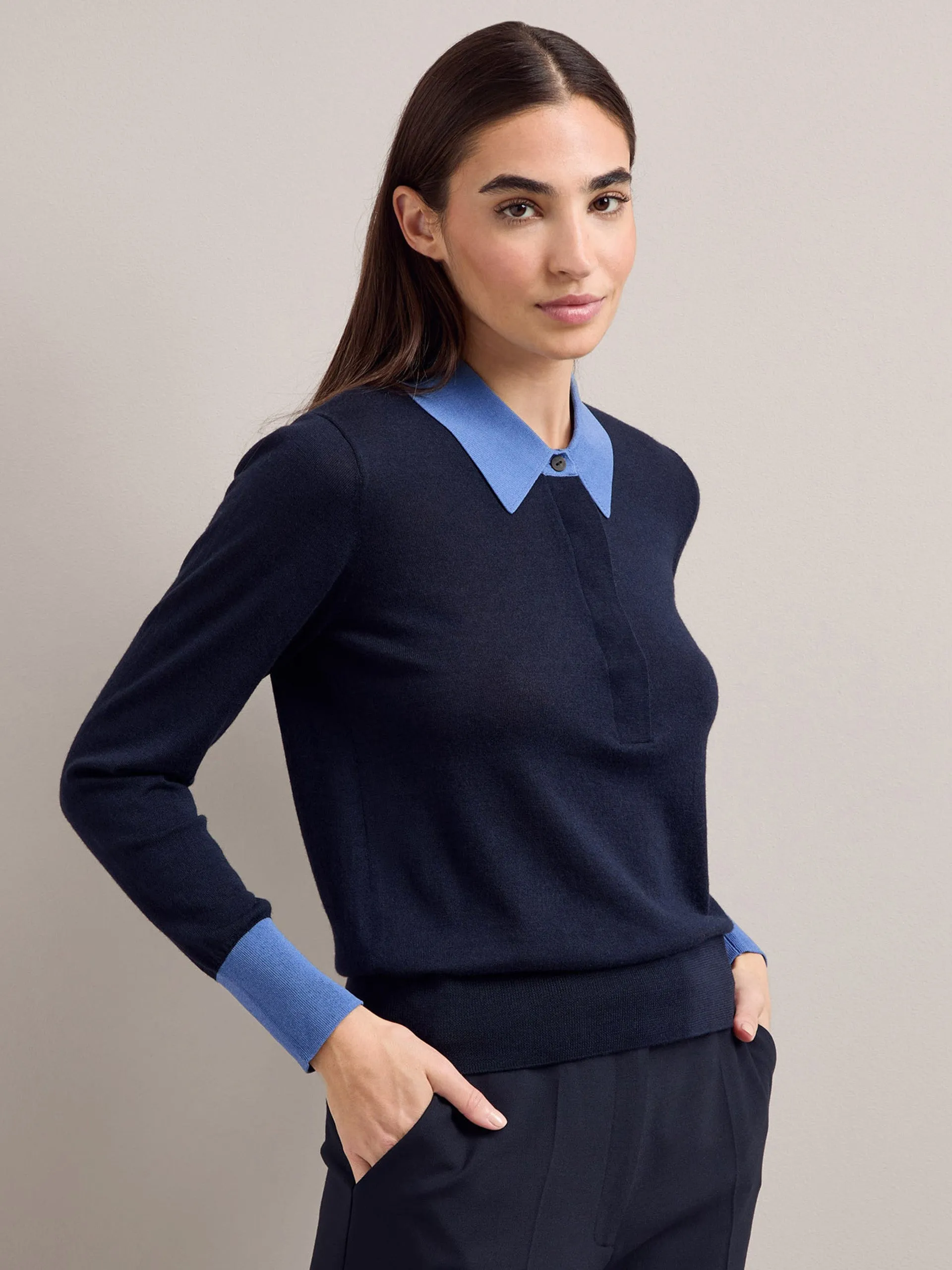 Navy blue colour block Josie silk blend jumper