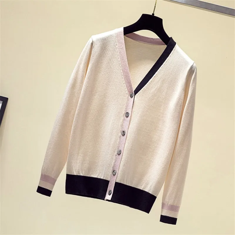 Patchwork Cardigan Knit Cashmere Sweater Women